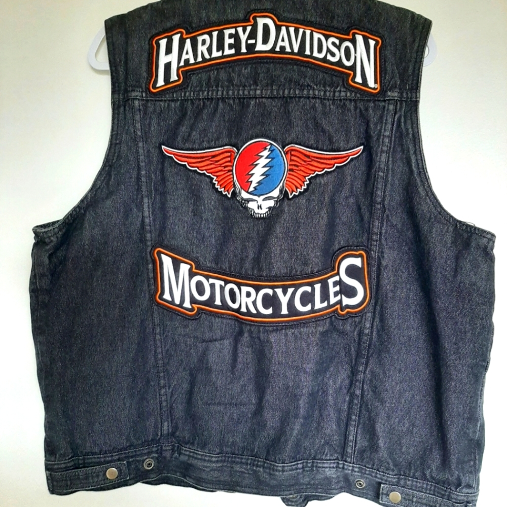 Black Motorcycle Vest w/ Harley Davidson & Grateful Dead Patches - Xelement -XL